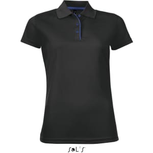 A women's black polo shirt made of polyester, featuring a collar and blue detailing, with a logo.