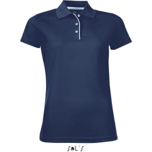 A navy blue women's polo shirt made of polyester, featuring a collar and buttons, with a visible logo.