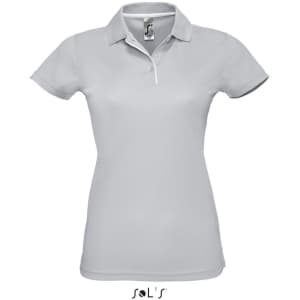 A women's polo shirt in light grey, featuring a collar and a logo. Made from polyester with a fitted style.