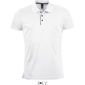 A white men's polo shirt made of 100% polyester, featuring a navy collar and buttons, with a logo present.