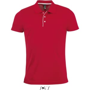 A red men's polo shirt made from 100% polyester, featuring a collar and button placket, with a logo.
