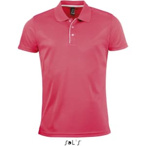 A pink men's polo shirt made from 100% polyester, featuring a collar and a logo.
