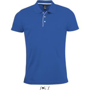 A blue men's polo shirt made from 100% polyester with a collar and short sleeves. It has a logo on the front.