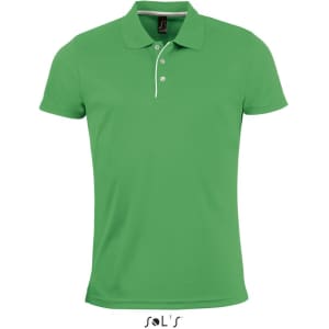 A green men's polo shirt made from 100% polyester, featuring a collar and a logo on the front.