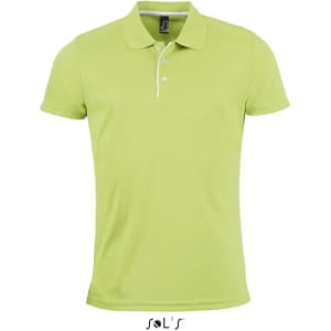 A lime green men's polo shirt made from 100% polyester, featuring a collar and a logo.