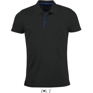 A black men's polo shirt made of 100% polyester, featuring a contrasting blue collar and buttons, including a logo.