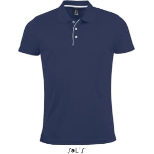 A men's navy blue polo shirt made of 100% polyester, featuring a collar and button placket, with a logo.