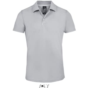 A grey men's polo shirt made from 100% polyester, featuring a collar and short sleeves. Includes branding.