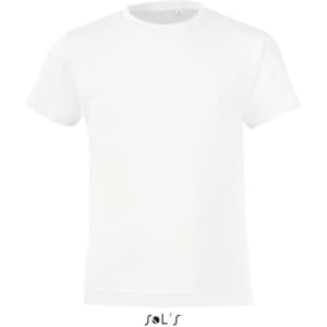 A white T-shirt made of 100% semi ring spun combed cotton, featuring a logo.