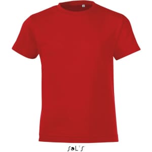A red T-shirt made of 100% semi ring-spun combed cotton, featuring a logo at the bottom.