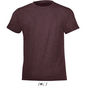 A maroon T-shirt made from 100% semi ring spun combed cotton, featuring a logo on the front.