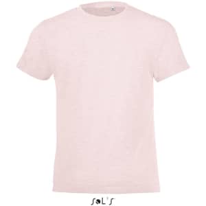 A light pink T-shirt made from 100% semi ring spun combed cotton, featuring a logo.