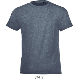 A navy blue kids' T-shirt made from 100% semi ring-spun combed cotton with a branded label.