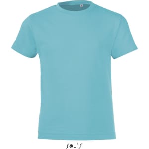 A light blue T-shirt made from 100% semi ring-spun combed cotton, featuring a logo.