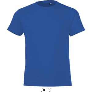 A blue T-shirt made from 100% semi ring spun combed cotton, featuring a logo on the front.