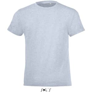 A light grey T-shirt made from 100% semi ring-spun combed cotton, featuring a logo.