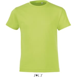 A short-sleeved, bright lime green T-shirt made from 100% semi ring spun combed cotton with a logo.
