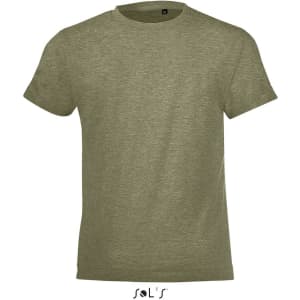 A khaki T-shirt made from 100% semi ring spun combed cotton, featuring a logo.