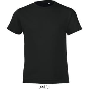 A black T-shirt made from 100% semi ring spun combed cotton, featuring a logo.