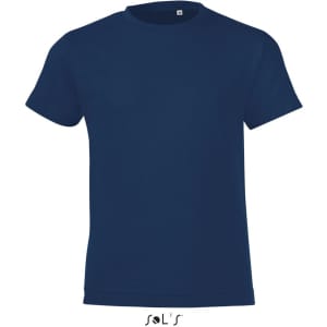 A navy blue T-shirt made from 100% semi ring spun combed cotton, featuring a logo at the bottom.