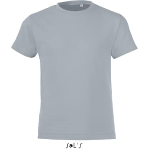 A light grey T-shirt made from 100% semi ring-spun combed cotton, featuring a logo on the bottom.