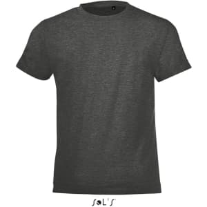 A dark grey T-shirt made from 100% semi ring spun combed cotton, featuring a logo.