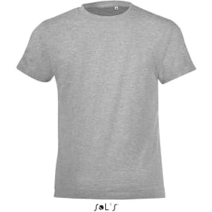A grey T-shirt made of 100% semi ring spun combed cotton, featuring a logo.