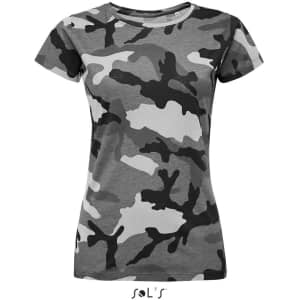 A women's round collar T-shirt in a grey and black camouflage pattern, featuring a fitted style and short sleeves.