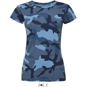 A women's round collar T-shirt featuring a blue camouflage pattern with shades of navy and light blue.