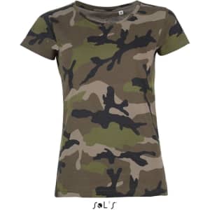 A women's round collar T-shirt in a camouflage pattern featuring greens, browns, and blacks. It has a logo.