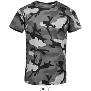 A grey and black camo men's T-shirt with a round collar. The fabric features a camouflage pattern and has a logo.