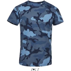 A men's round collar T-shirt in blue camouflage pattern with varying shades of blue and navy. It features a logo.