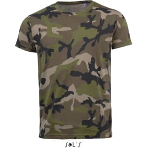 A round collar men's T-shirt in camouflage design featuring shades of green, brown, and black. Includes branding.