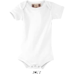 A white baby bodysuit made from 100% organic cotton, featuring a logo on the label.