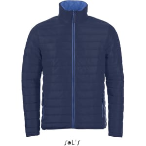 A padded men's jacket in navy blue with a contrasting light blue interior and a zip front. Features branding on the hem.