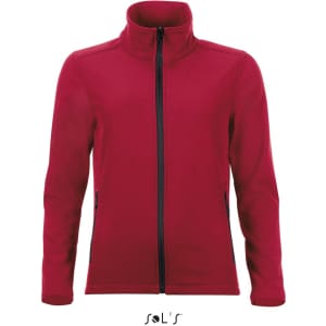 A two-layer soft shell jacket for women in red, featuring a zip front and side pockets, with a logo at the bottom.