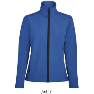A women's blue two-layer soft shell jacket with a front zip and side pockets, featuring a branding logo.