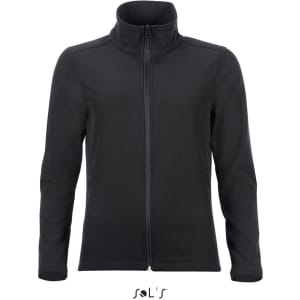 A women's black two-layer soft shell jacket with a zip front and high collar, featuring side pockets and a logo.