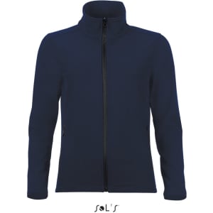 A navy women's two-layer soft shell jacket with a zip fastening and side pockets, featuring a logo.
