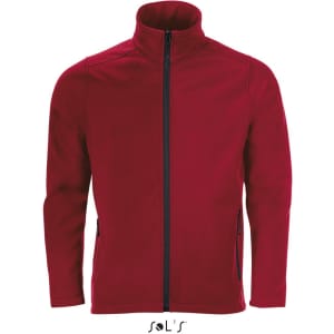 A men's two-layer soft shell jacket in red, featuring a high collar and zippered pockets, with a logo.