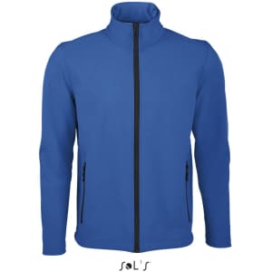 A blue men's soft shell jacket featuring a zip front, high collar, and side zip pockets. It has a logo on it.