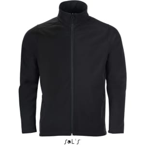 A black two-layer soft shell jacket with a high collar and zippered front, featuring side pockets and branding.