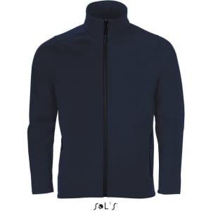 A navy two-layer soft shell jacket for men with a zippered front and pockets, featuring a logo.