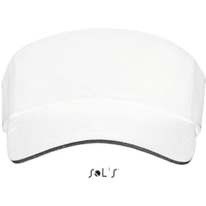A white visor cap with a dark brim, featuring a logo at the bottom.