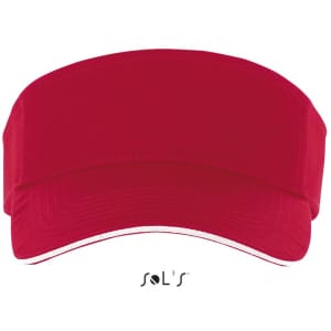 A red cotton visor with a white trim, featuring a logo on the front.