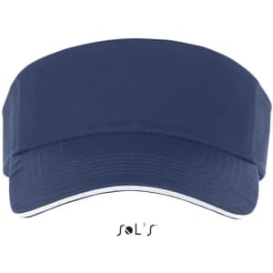 A navy blue visor made of 100% cotton, featuring a branding logo.