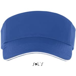 A blue visor made of 100% cotton with a logo on it, featuring a wide brim and a simple design.