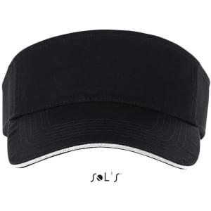 A black visor with a wide brim and an adjustable band, featuring a logo on the front.