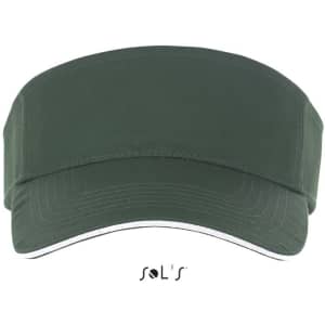A green visor cap made of 100% cotton, featuring a logo and contrasting trim.