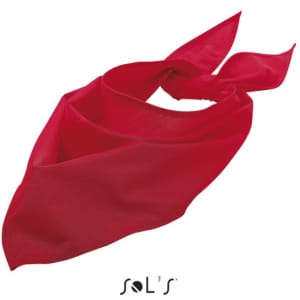 A triangular red bandana measuring 62 x 62 x 87.5 cm, featuring a logo.